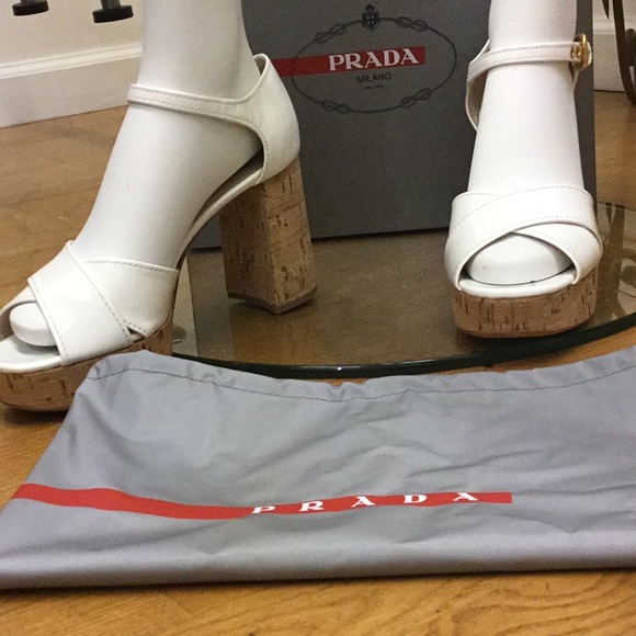 PRADA White Patent Block Heel Sandal Gold Hardware - Picture 8 of 13